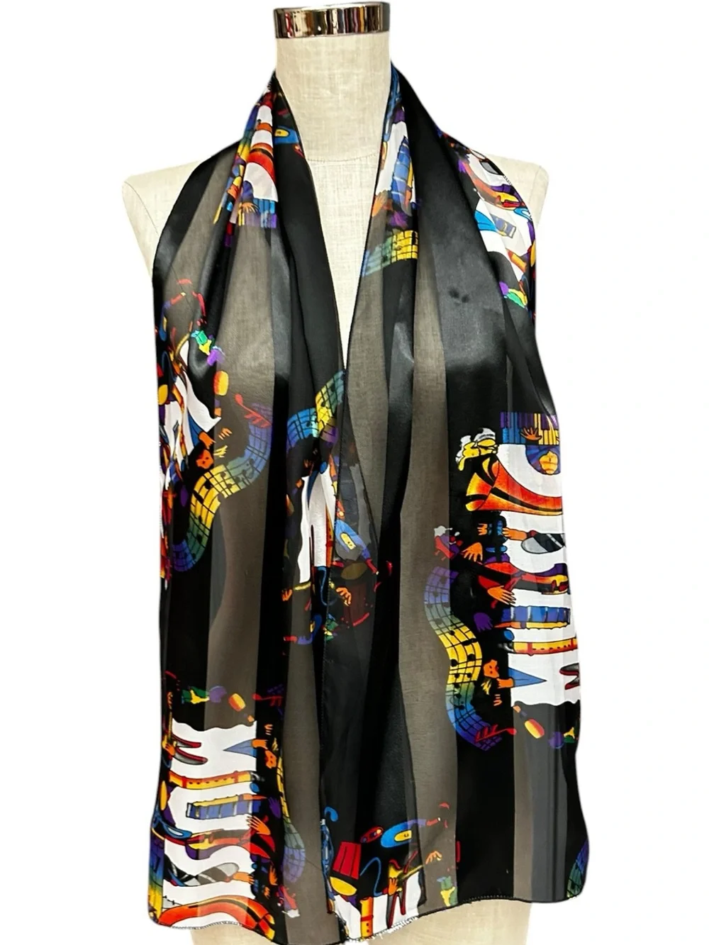 Vintage Music Theme Sheer Oblong Scarf Black Colorful Musical Notes 60x12